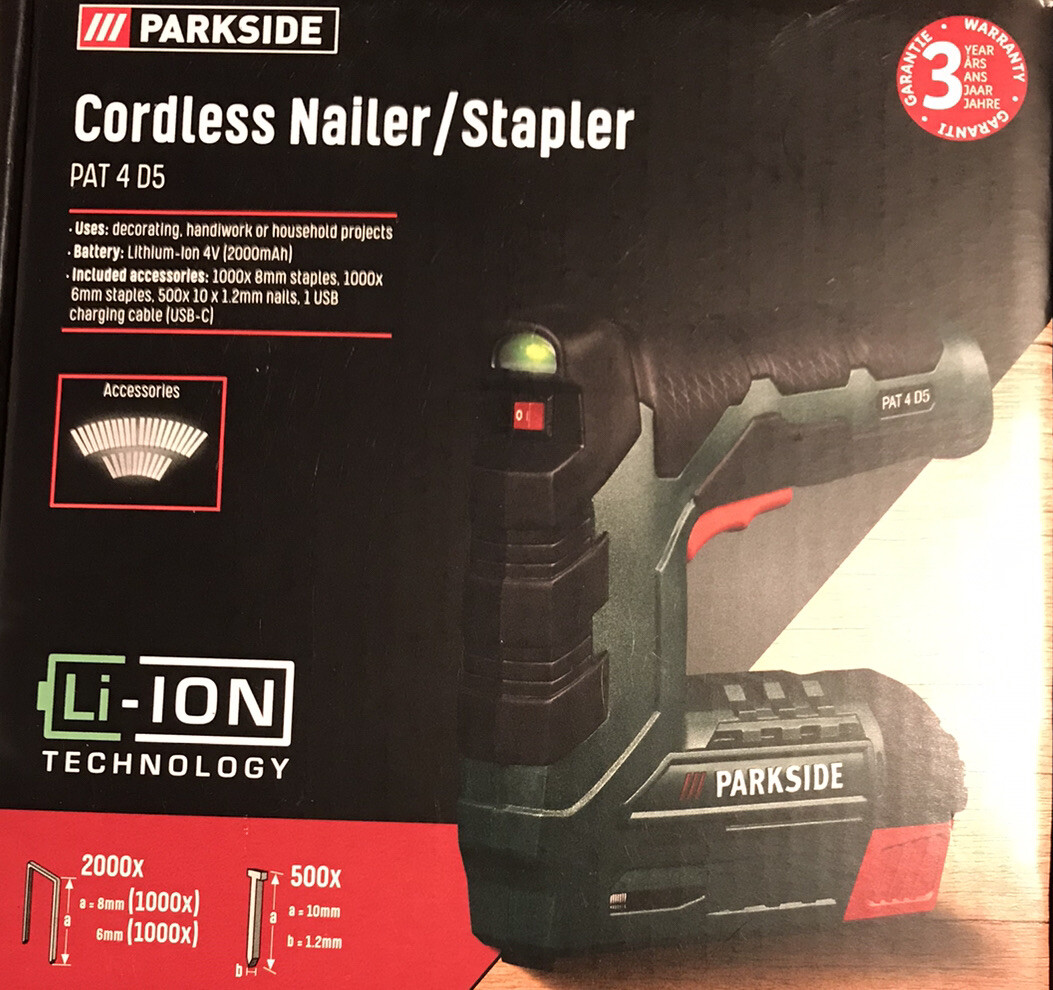 Parkside 4v Cordless Nailer Stapler Gun With USB Charger PAT4D5 New