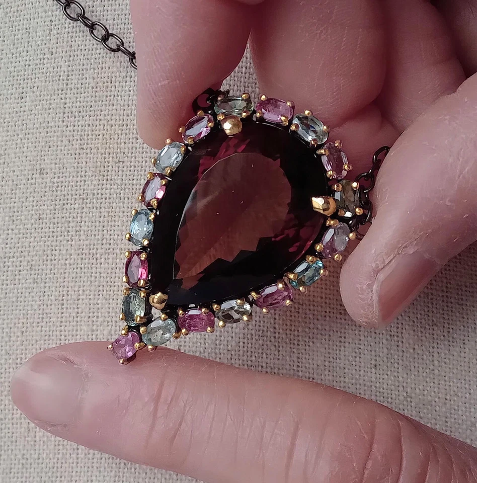 COLLIER ARGENTO STERLING 925 BRUNITO CON QUARZO COGNAC E TORMALINE NATURALI - Immagine 2 di 4