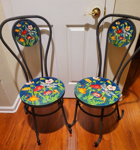 Tiffany Style Dragonfly Lamp Metal Bistro Chairs Pair Raised Enamel Hand Painted