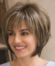 Short Straight Wig with Bangs Brown Highlight Blonde Synthetic Wigs for Women