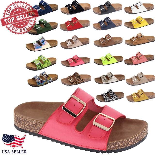NEW Women's Slide Double Buckle Strap Cork Footbed Slide Flip Flop Shoes Sandals | eBay