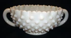 Vintage Fenton Art White Milk Glass Hobnail 6 ½” Ruffled Handled Bowl Dish