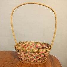Vtg 50's Pink  Green Braided Straw EASTER BASKET for Egg Hunt
