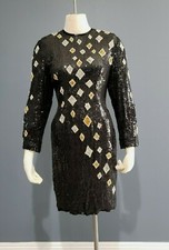 Vtg JUDITH ANN CREATIONS for Neiman Marcus sequin beaded silk black dress M/L
