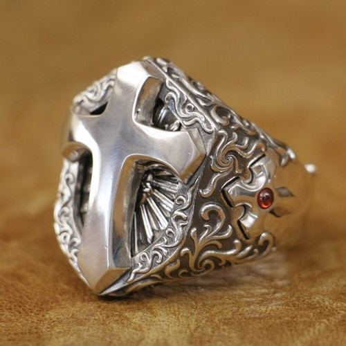925 Sterling Silver Cross Shield Ring CZ Stone Biker Cross TA471C UK Size P½~Z5 - Picture 3 of 27