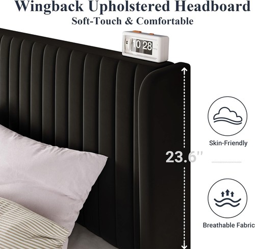 Sifurni Velvet Bed Frame/Vertical Tufted Wingback Headboard/No Box Spring/Black - Picture 13 of 30