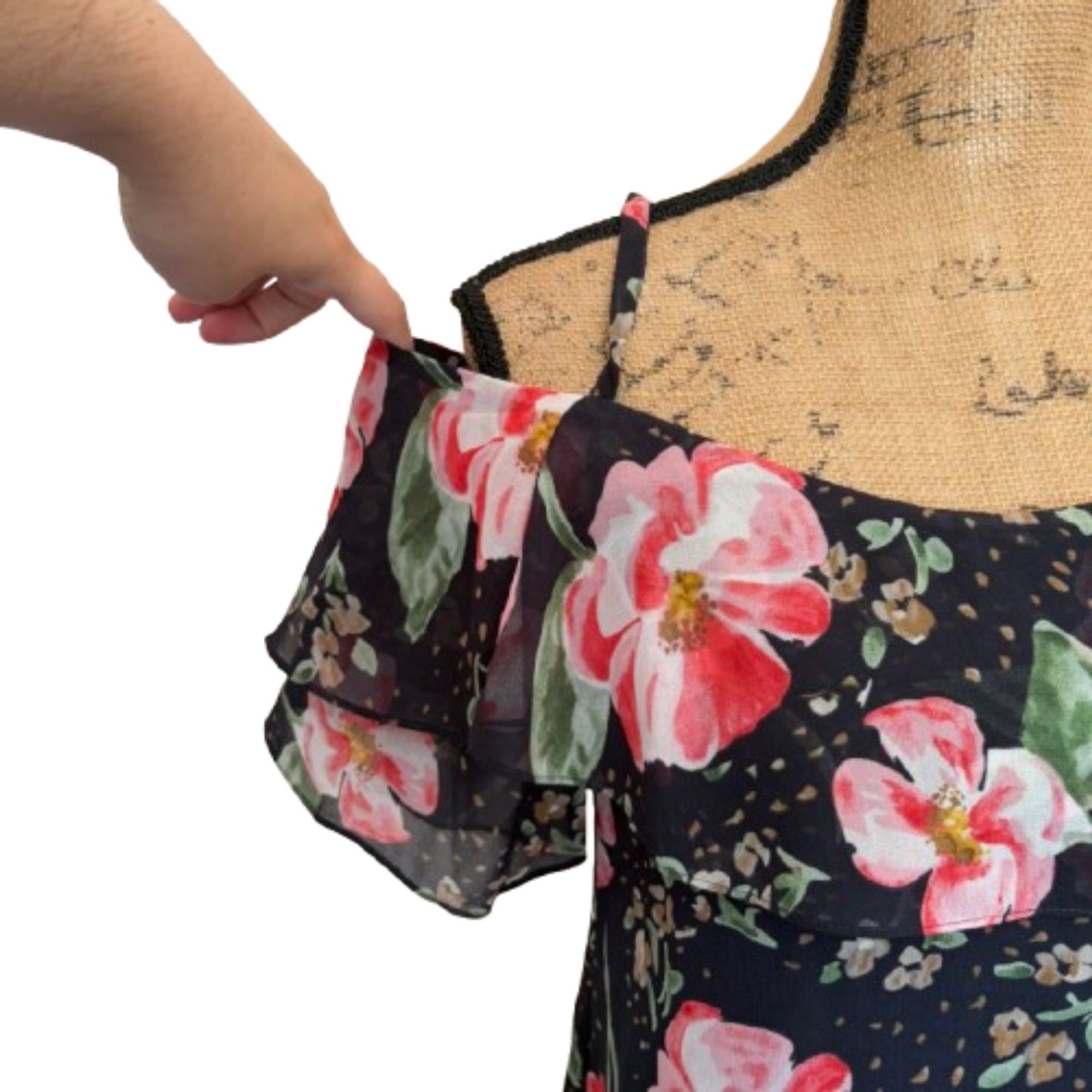 Cabi #5220 Fairytale Floral Blouse Cold Shoulder Romantic Black Pink Size XS