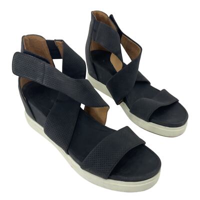 Scholl's Black Sheena Leather Strappy Wedge Sandals Women's