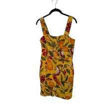 Farm Rio Mini Dress Fruit Lovers Tropical Floral Yellow Dress 100% Linen Sz Sm