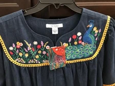 NWT Small Go Softly Denim Muu Muu Embroidered Patio Dress Peacock Zip Front