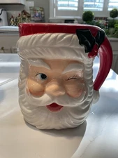 Vintage Retro Sleigh Bell Bistro Winking Santa Face JUMBO Ceramic Mug