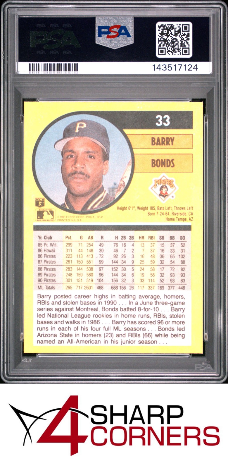 1991 FLEER #33 BARRY BONDS PIRATES PSA 10 view 2