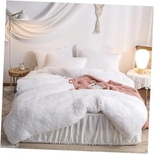 Fluffy Comforter Cover Set, Soft Furry Shaggy Bedding Set 3 Pieces Queen White