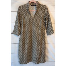 Katherine Way Tan Black Geometric Greek Key V-Neck Shift Dress Small Made in USA