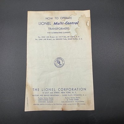 Lionel How To Operate Lionel Multi-Control Transformers Alternating Current 1946