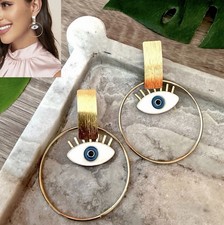 Evil Eye Gold Hoop Earrings Dangle Good Luck Protection Boho Mediterranean NEW