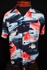Vintage 1960's-1970's Silky Rayon Hawaiian Fish Print Shirt Medium Exc Cond
