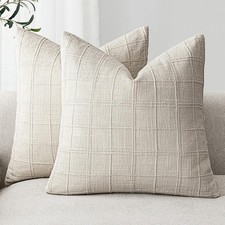 Set of 2 Decorative Linen Check Throw Pillow Covers Neutral Farmhouse Vintage...