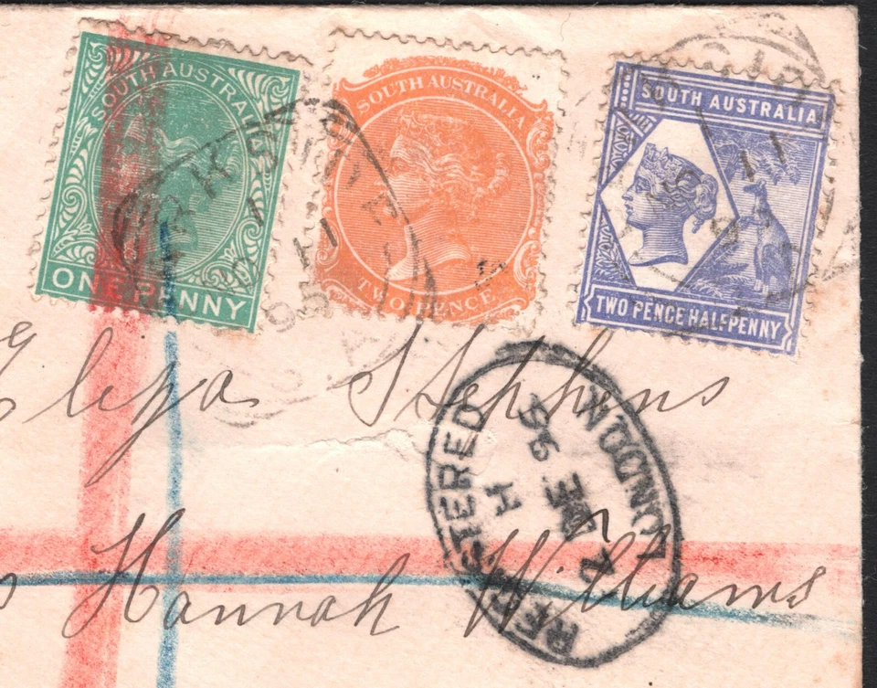 SOUTH AUSTRALIA QV Cover Adelaide Squared Circle GB Cornwall Marazion 1896 i113 - Image 2 of 4