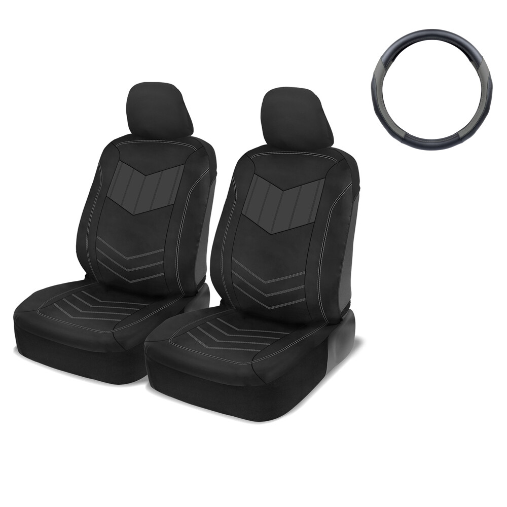 Leather Car Seat Covers Front + Leather Steering Wheel Cover Universal Size