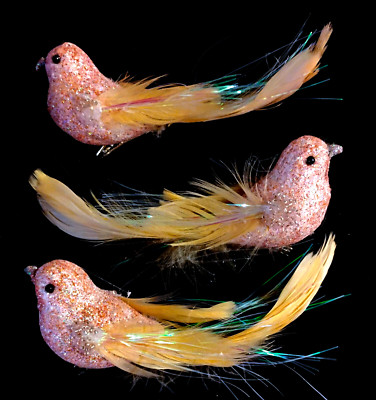 NWT 3 Clip On Bird Ornaments-Pink Glitter & Pink Feathers-1.75'' Tall, 7'' Long