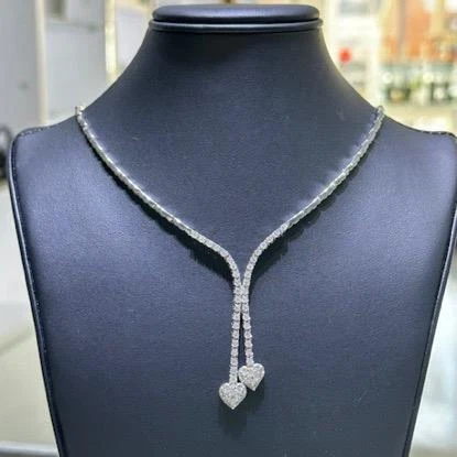 Collar Tenis Gota Oro Blanco 14k Diamantes Naturales Doble Corazón Diseño Lariat
