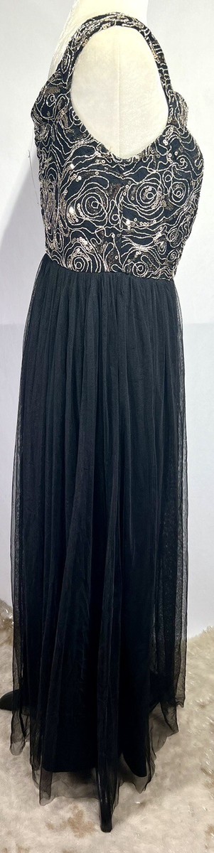 candalite dress black and gold Candalite Womens Maxi Dress Black Lace Gold Sequin Tutu Sleeveless Scoop  Size M