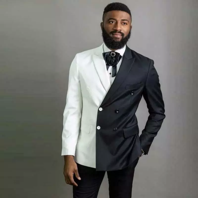 Black And White Men Blazer Double-Breasted Jacket Peak Lapel Coat Wedding Suits