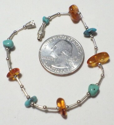Kleines blaues Türkis & goldenes Bernstein Chip Armband mit vielen Einschlüssen, ST 6,75''