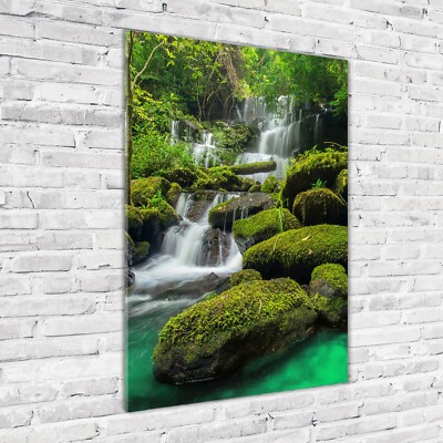 Wandbild Kunst-Druck auf Hart-Glas hochkant 70x100 Wasserfall Dschungel