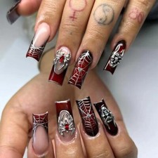 3D Spider Skeleton Press on Nails Extra Long Square Halloween Design 948