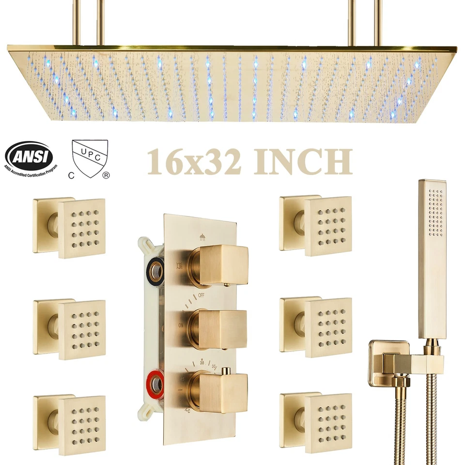 Brushed Gold 16x32" Rain Shower Faucet Set Kit Thermostatic Massage System Combo - Image 2 of 4