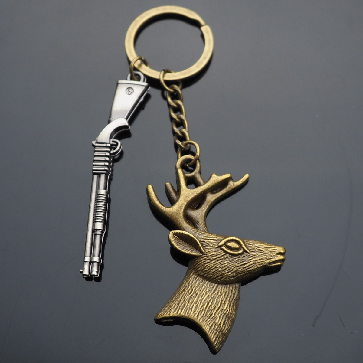Shotgun & Deer Head Antlers Themed Hunting Rifle Charms Keychain