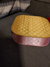 Vtg Pink  Gold Satin Vanity Glove/Handkerchief Box W/ Hankies