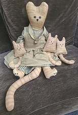 FOLK ART Cat & Kittens DOLLS Painted Canvas Primitive Country Farmhouse Signed