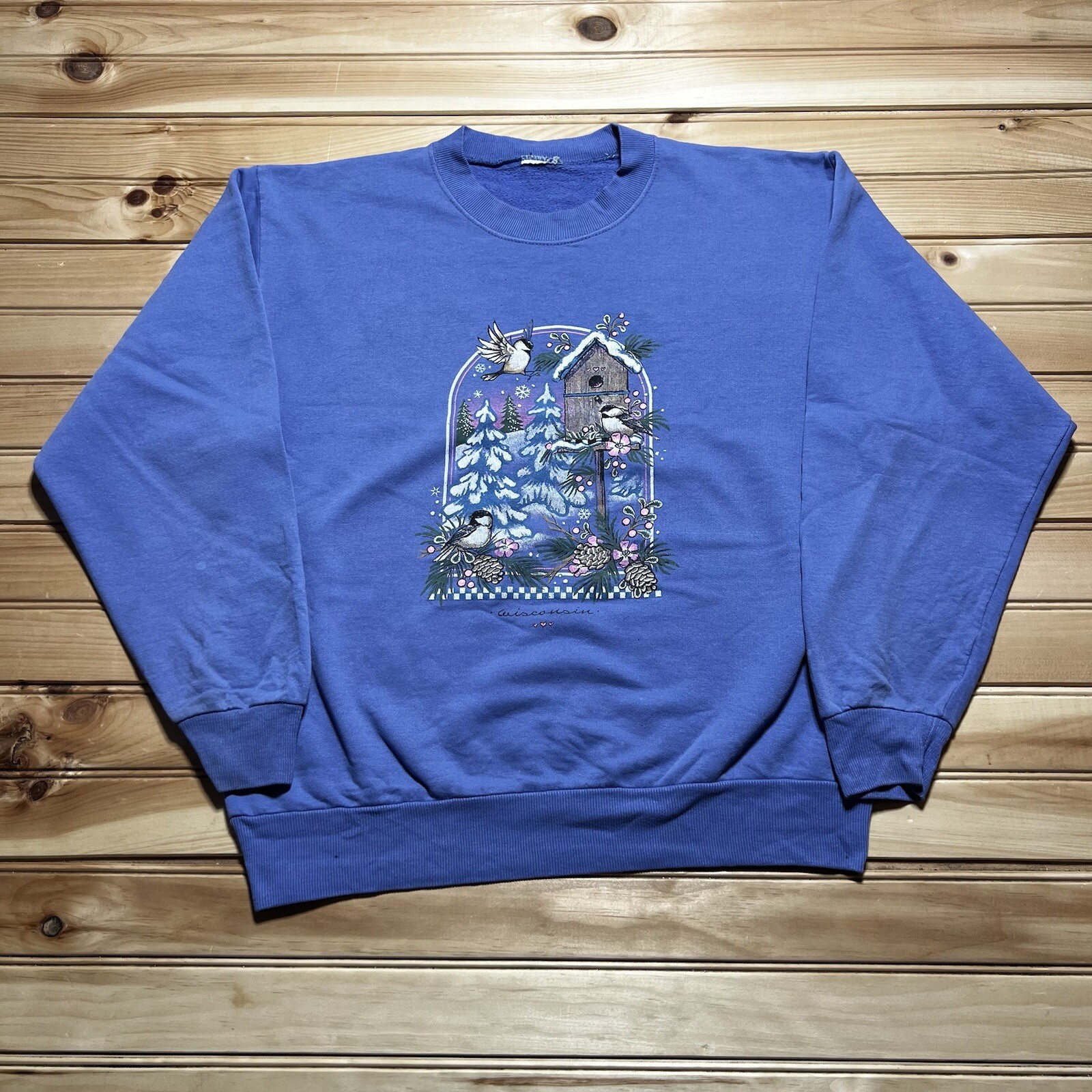 Vintage 80s90s Grandma Core Snow Blue Birds Christmas Sweatshirt Size Medium