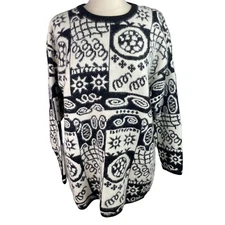 Maglia Donna Angora Wool Sweater Black White Size Medium - Abstract Print Tunic