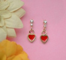 14K Solid Yellow Gold Enamel Heart Shape Dangle Stud Earring