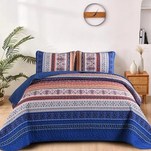 Boho Quilt Queen Size, Blue and Orange Bohemian Queen(96"x90") Blue Orange - Image 2 of 4