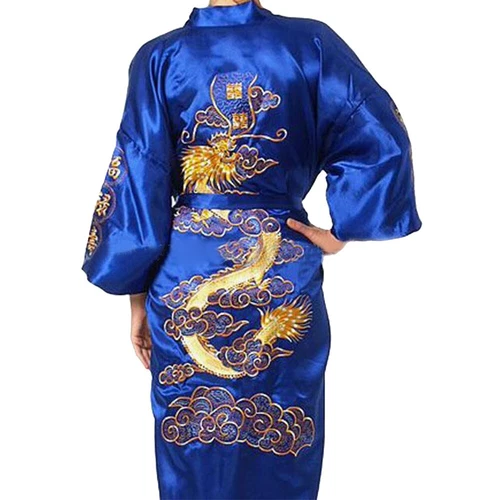Men Satin Chinese Dragon Kimono-Silk Bathrobe Pajamas Sleepwear Gown Bath Robe - Imagen 41 de 52