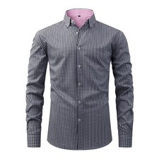 Mens Dress Plaid Shirts Print Formal Business Long Sleeves Elastic Casual Shirts