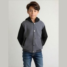 1826 Varsity Boys Jacket Sz 7 Black Gray Hooded Sweatshirt Fleece Lined
