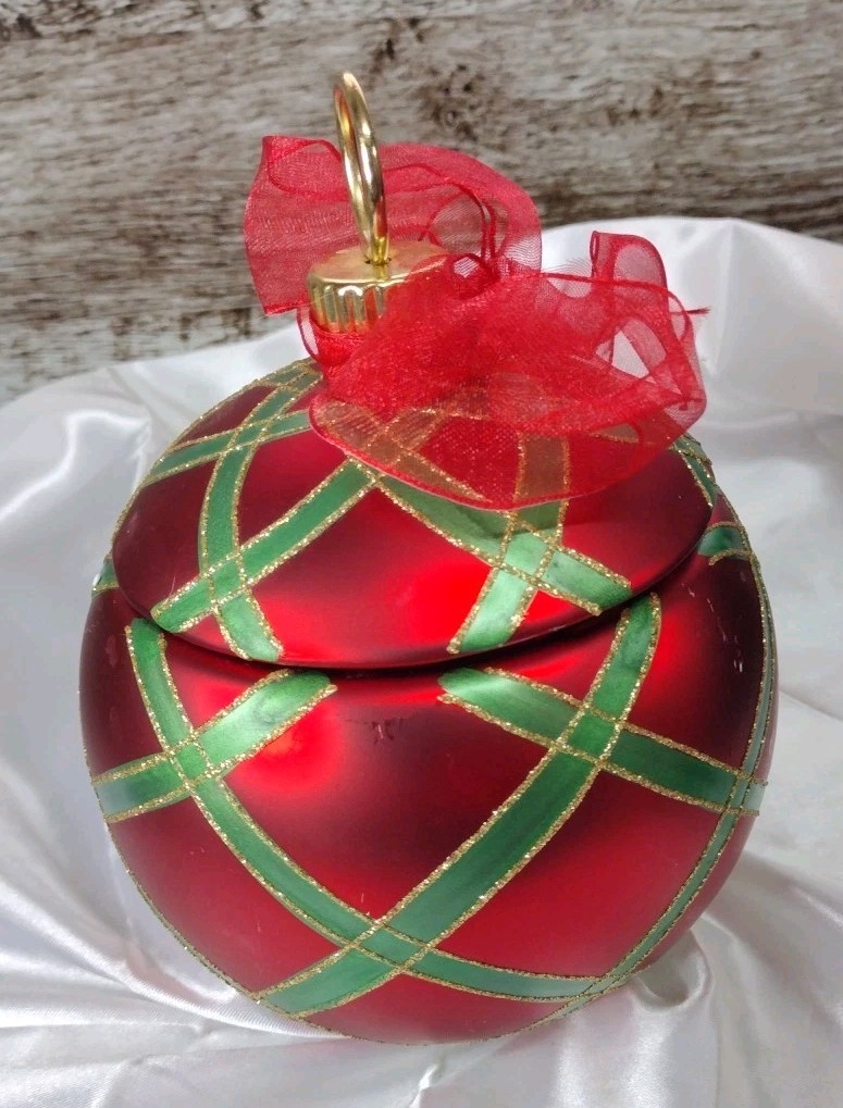 Christmas Bulb Ornament Candy Treat Jar FTD Floral Red Green Gold 5"
