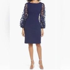 Eliza J  Navy Blue Floral Applique Long Sleeve Cocktail Dress Size 0 $158