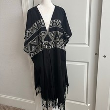 World Market Open Front Kimono Linen Blend Embroidered Fringe Southwestern