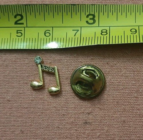 Jesus Gold Tone Music Note Rhinestone small jacket lapel pin Religious Christian