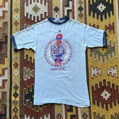 Rare Vintage 1974 Elton John Tour Ringer T Shirt - Light Blue