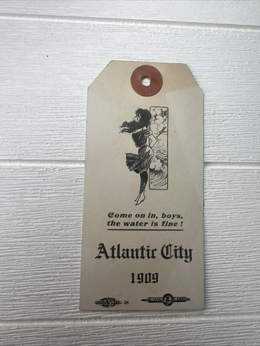 1909 Atlantic City Souvenir Luggage Tag “Come On In Boys” Pinup Beach Art 