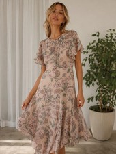 ASTR The Label Floral Flutter Sleeve Midi Dress Beige Purple Green Women's Med