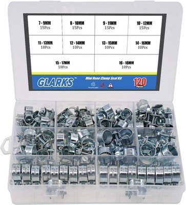 Glarks 120Pcs 10 Size Mini Fuel Injection Style Hose Clamp Metallic 